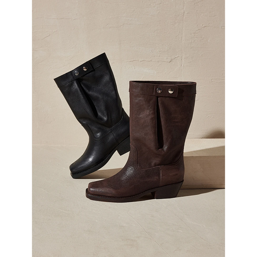 开间/西部雅痞 镁国进口牛皮复古擦色做旧可调节宽口小方头中筒靴