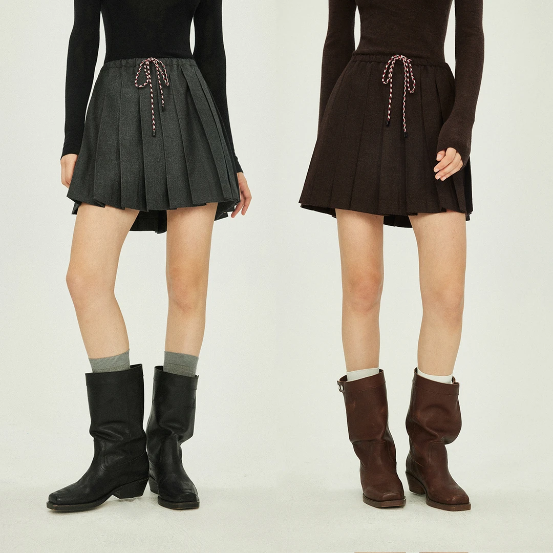 开间/獨家定织混色绒毛MIU风佰搭撞色手工编织抽绳百褶短半裙