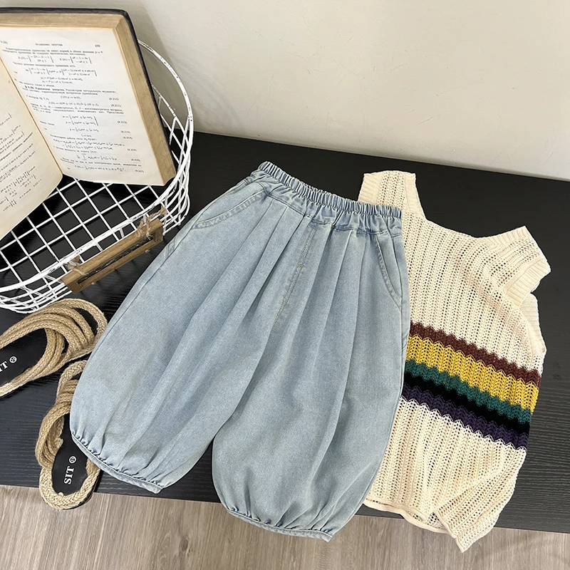 【派町现货】九分裤夏儿童蓝色休闲宽松时尚洋气百搭ZY0165