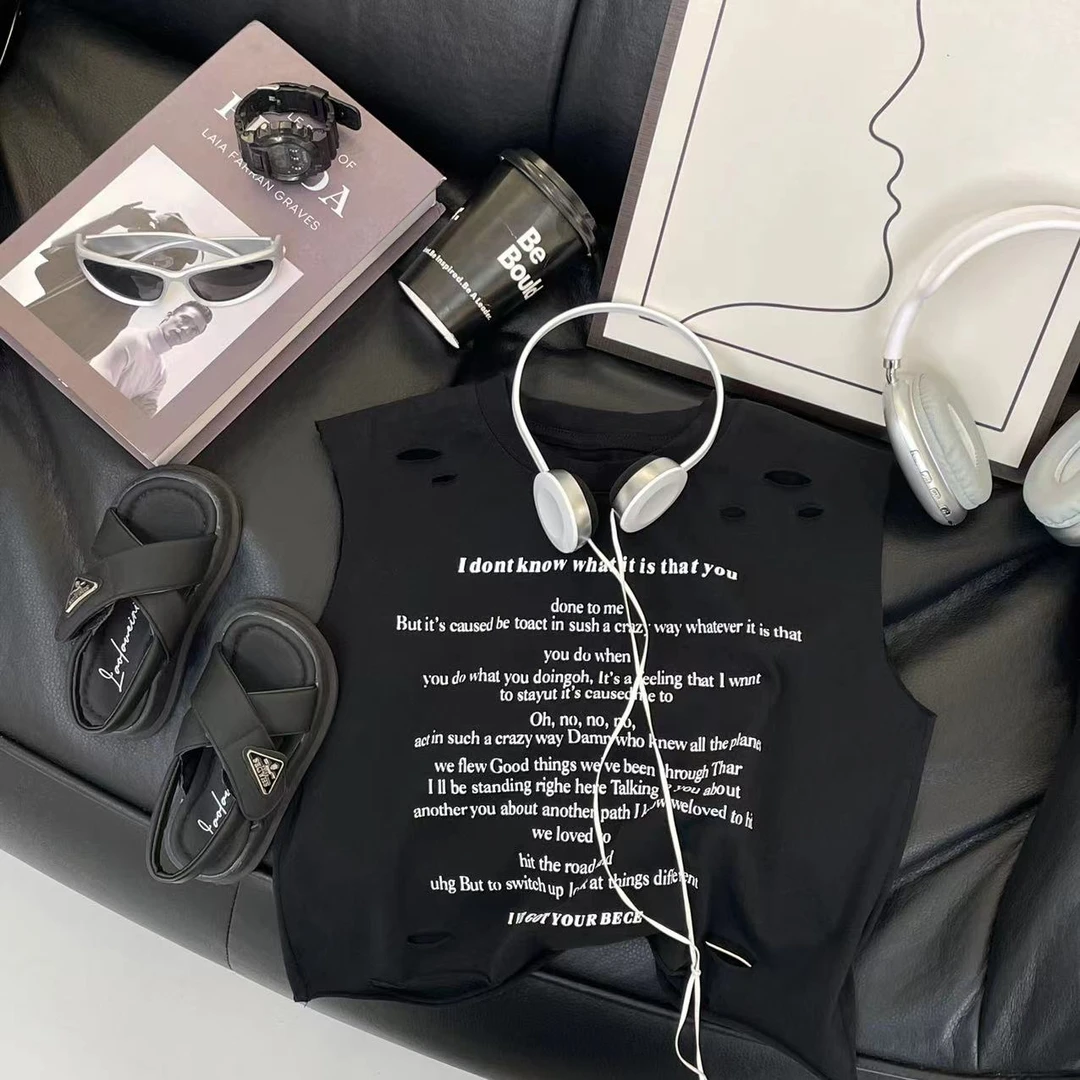 【派町现货】夏装儿童韩版潮流字母印洞套头无袖背心QHH0406