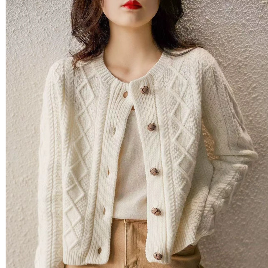 双股加厚提花圆领宽松针织开衫气质外套