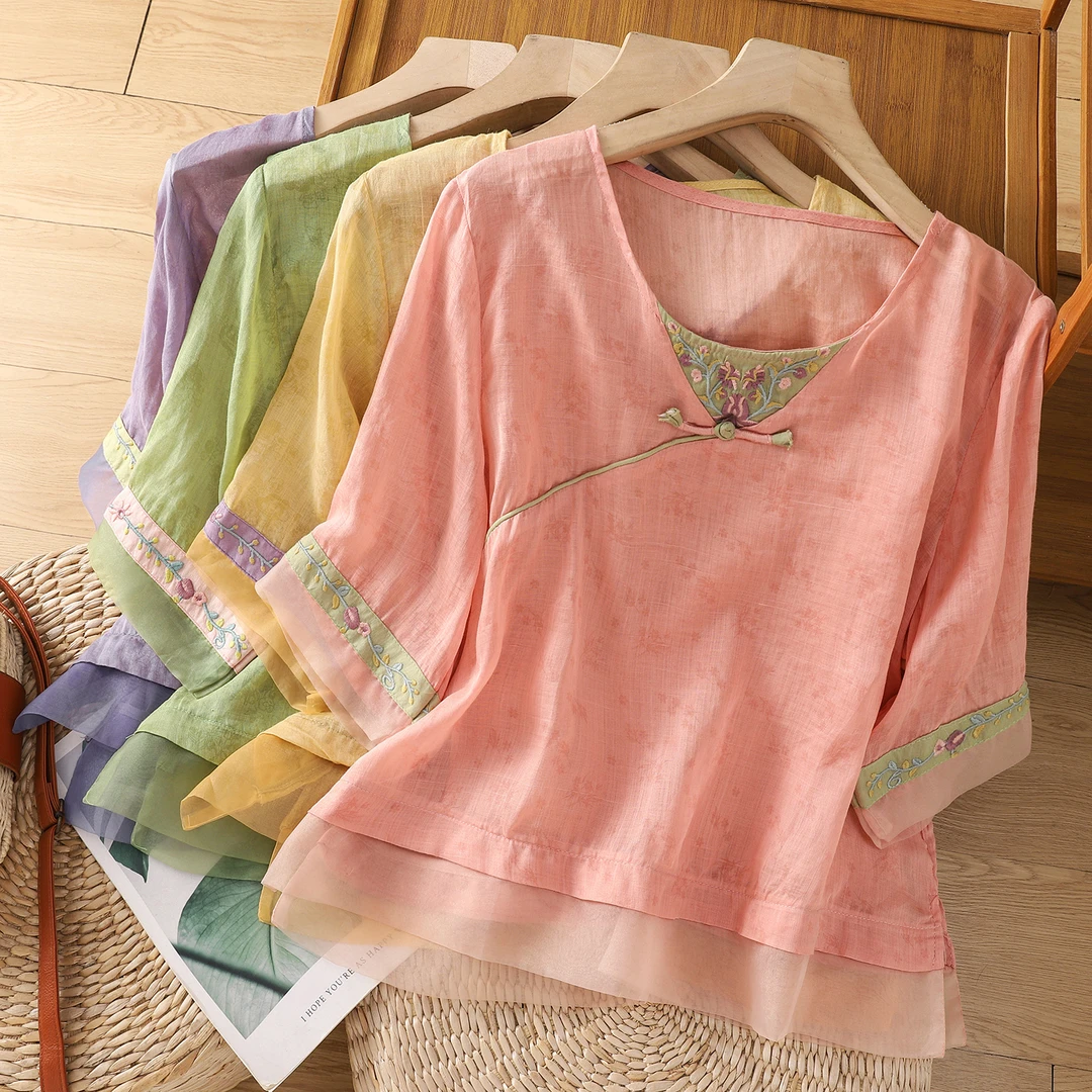 夏季新款新中式文艺复古棉麻提花衬衫女欧根纱拼接刺绣薄上衣