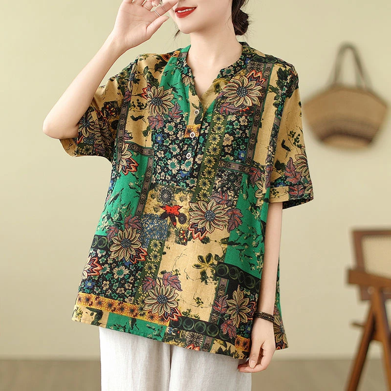 棉麻衬衫大码宽松显瘦v领衬衣洋气时尚休闲夏季印花遮肚短袖上衣