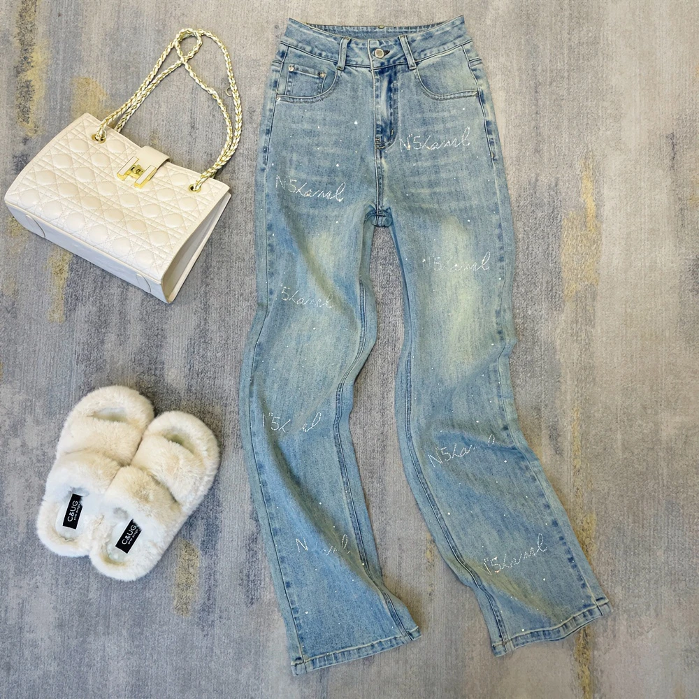 烫钻窄版直筒裤2025秋冬新款爆款牛仔裤女小个子修身宽松时尚百搭