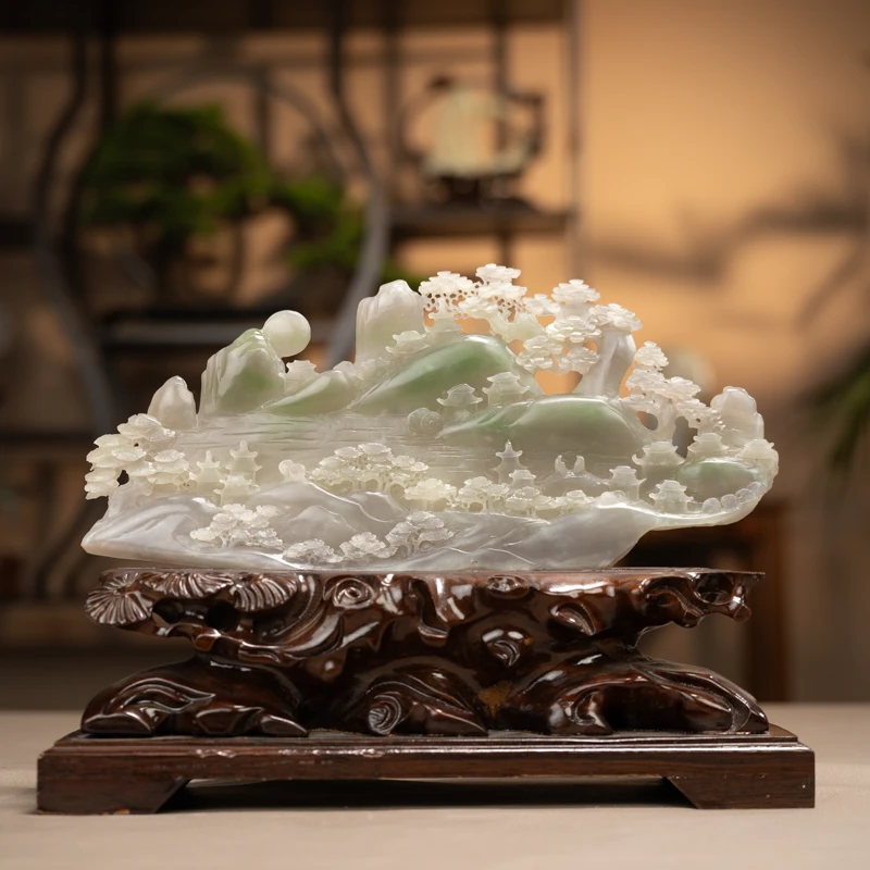 和田玉紫翠白三色山水摆件