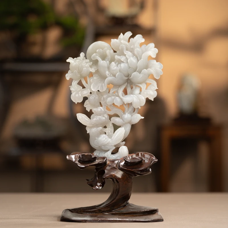 和田玉烟紫花开富贵摆件