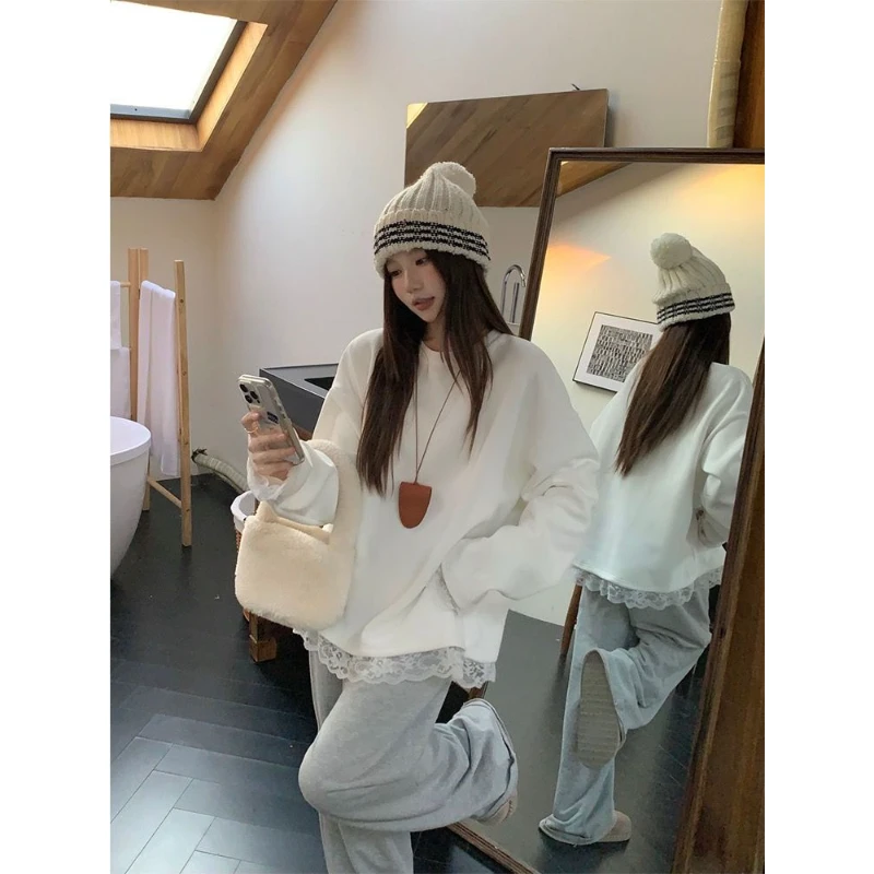 双面德绒设计感蕾丝拼接长袖T恤女秋冬宽松显瘦保暖打底衫上衣