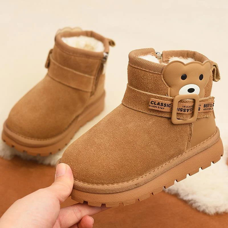 巴拉童年真皮儿童雪地靴女童加绒加厚短靴2024冬季新款男童保暖大