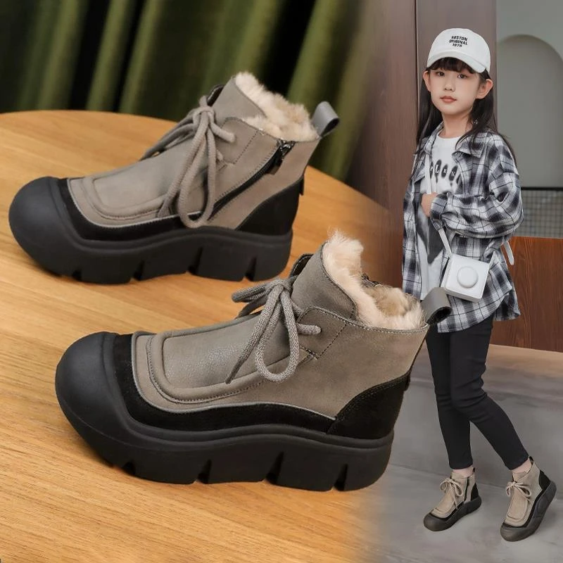 巴拉童年儿童雪地靴2025冬季新款女童大棉鞋大童短靴冬靴加绒加厚