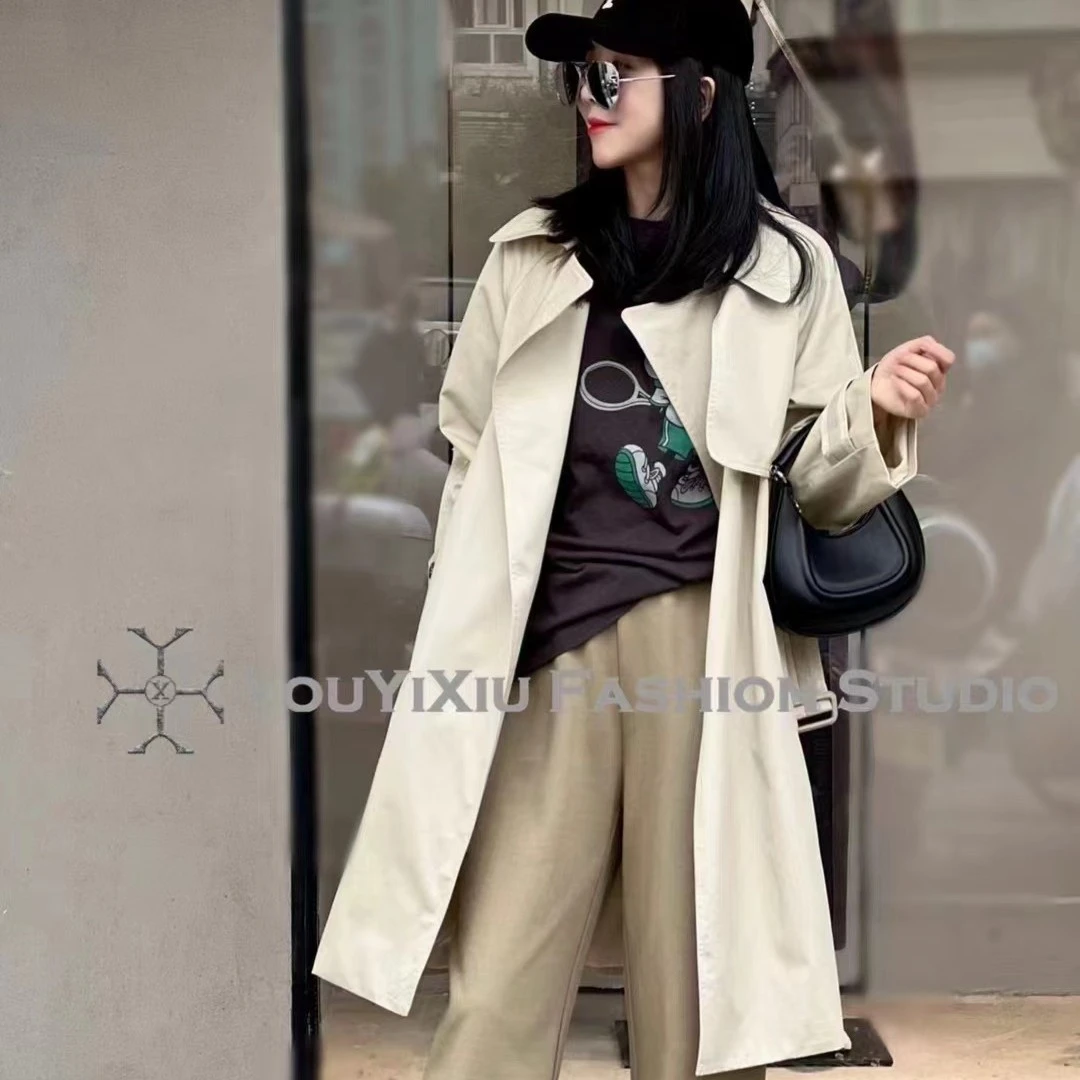 【古琦推荐】女士翻领风衣中长款宽松韩版拼接系带英伦风外套919