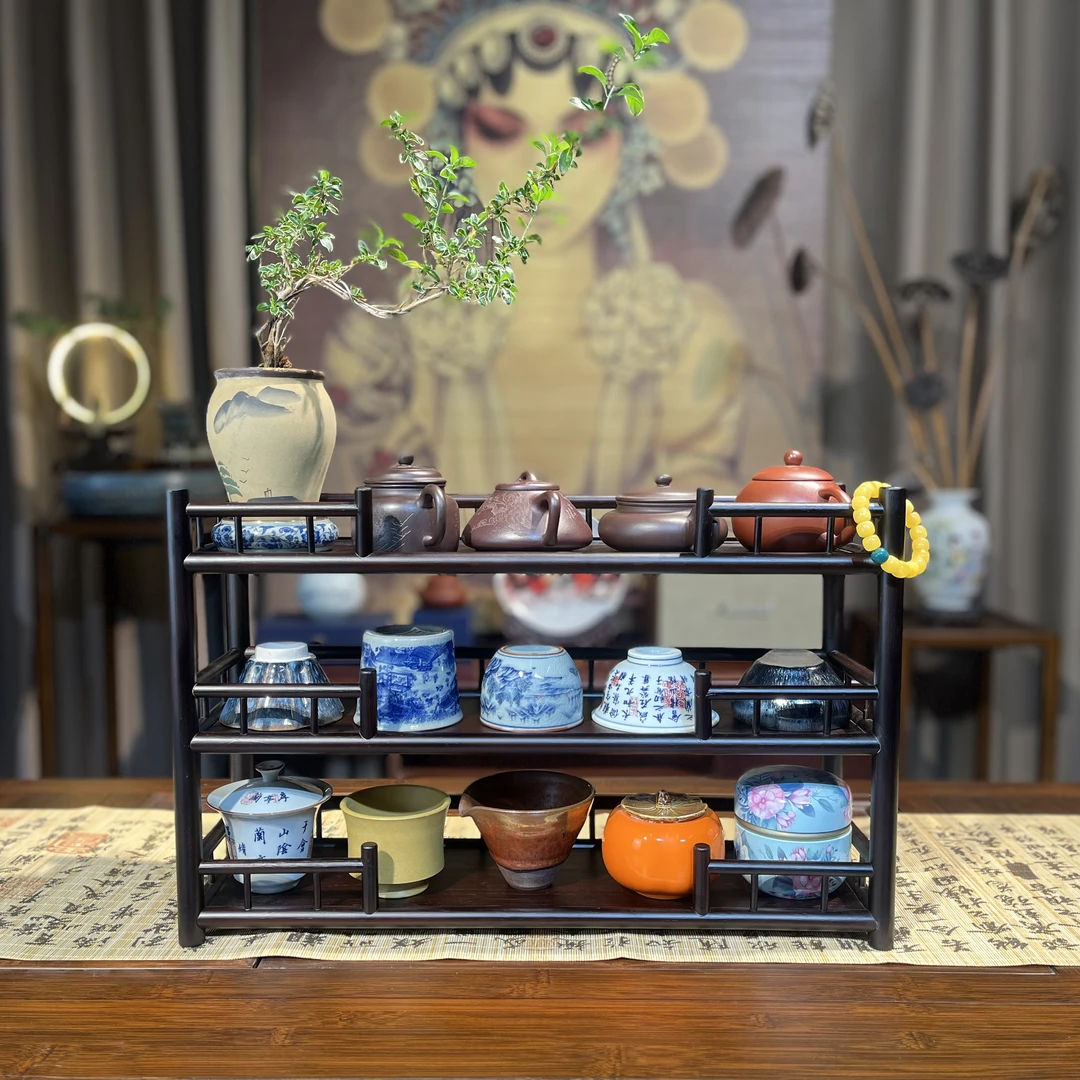 【三层凭栏】楠竹茶杯架茶壶架置物架博古架多宝阁收纳架多功能茶架