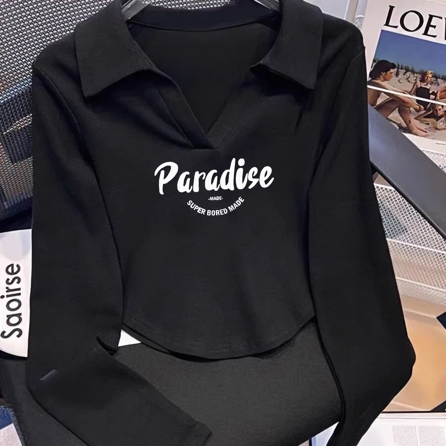 polo春秋翻领t恤衫女高级设计感内搭打底衫上衣潮ins纯欲甜辣短款