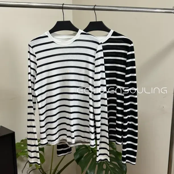 点物赋灵丨22352天丝羊毛款圆领条纹休闲显瘦款T恤宽松秋季长袖