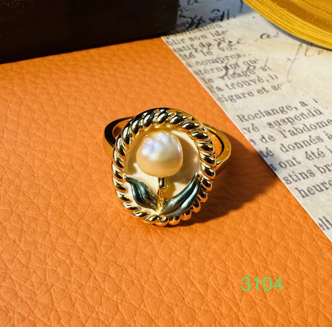 铜合金仿珍珠戒指 1304#气质中古手工镶嵌指环素款经典复古戒指