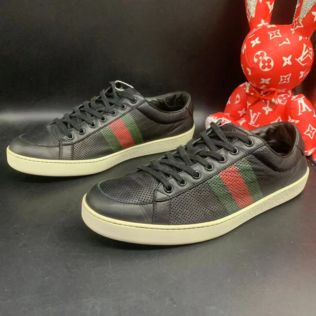 【聚星福利】GUCCI/古驰95新男士休闲黑色红绿织带板鞋43欧码ddm606