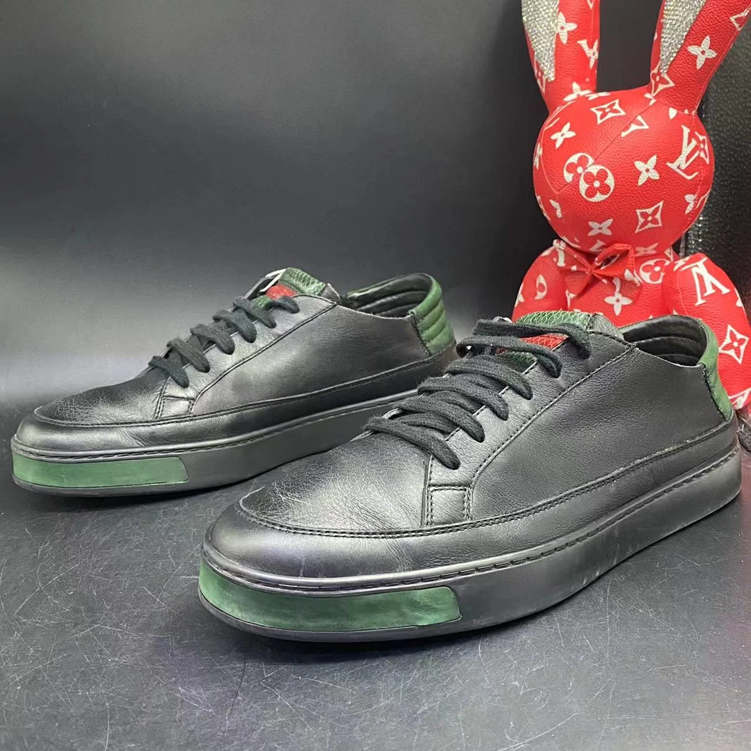 【聚星福利】GUCCI/古驰95新男休闲黑色绿底皮革板鞋40欧码ddm1395