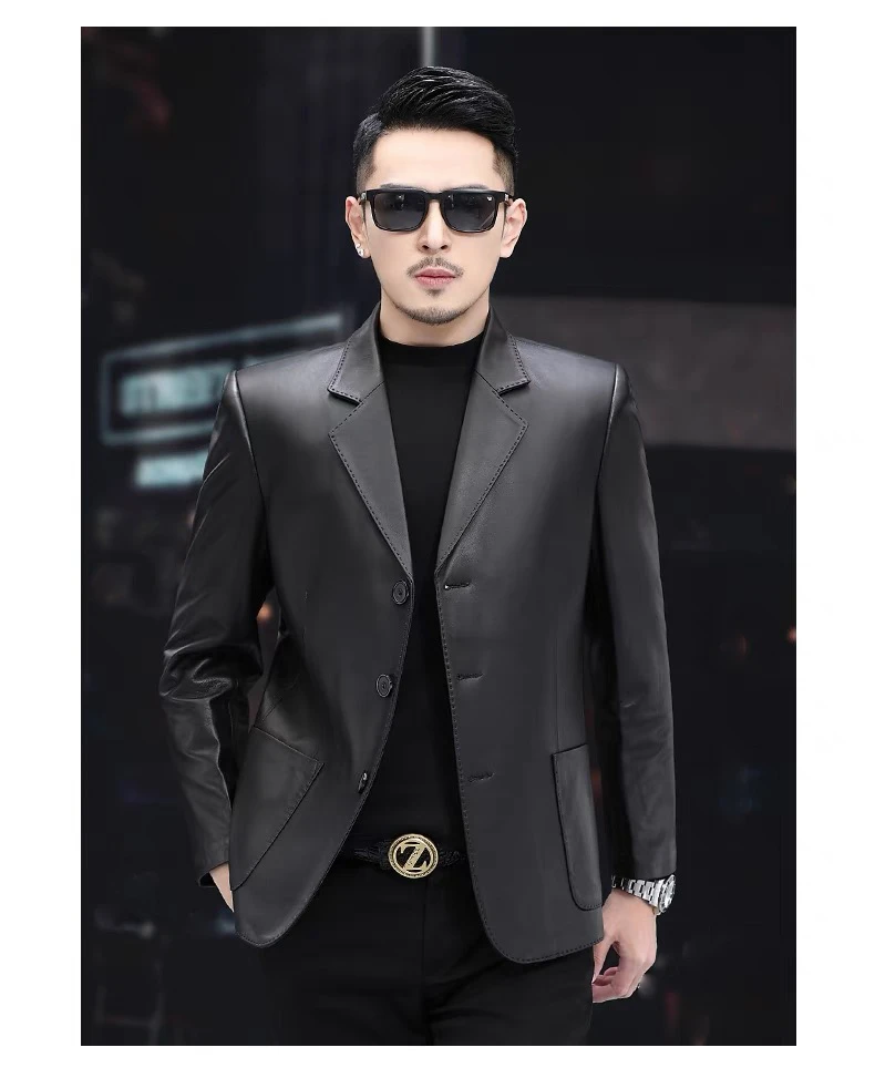 MISHE/沵佘头层绵羊皮男士西装真皮黑色高档皮西服韩版修身外套
