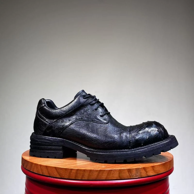 2025春款鸵鸟皮轻奢男鞋走秀款潮牌男皮鞋固特异手工男鞋德比鞋