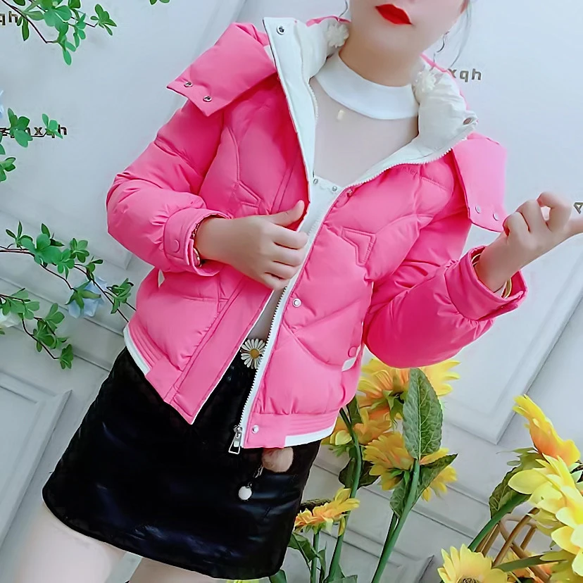 秋冬时尚加厚拼色保暖棉服减龄修身短款小个子可拆帽棉衣百搭外套