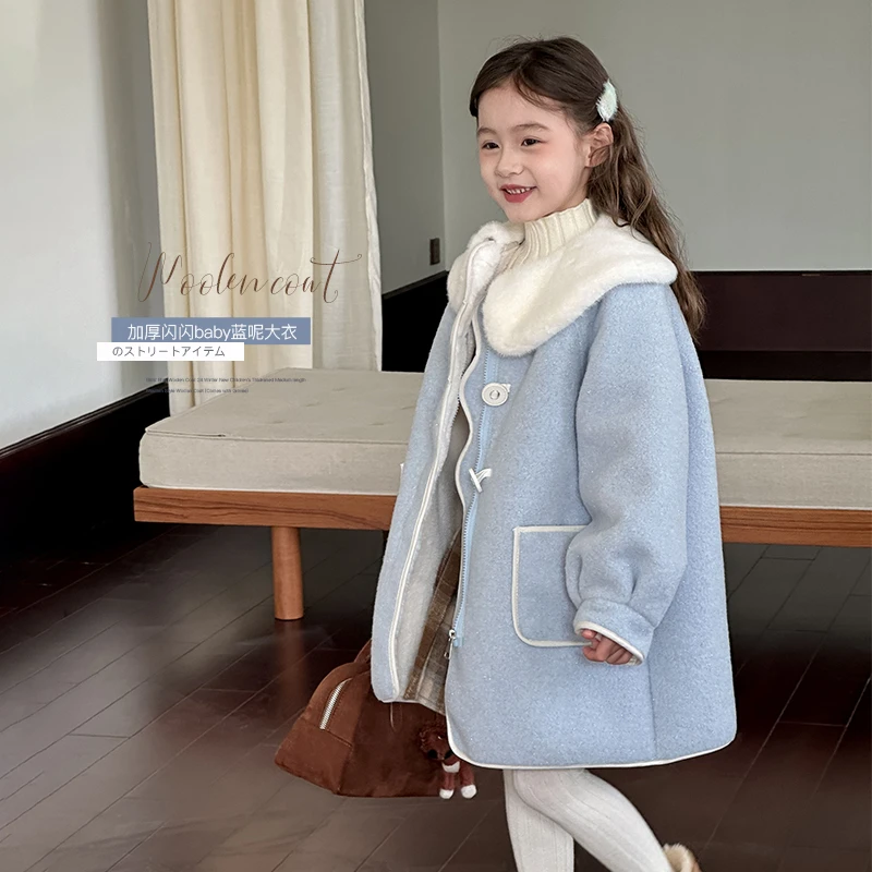 女童蓝色毛呢外套24冬季新款儿童加厚中长款洋气呢大衣（送手套）