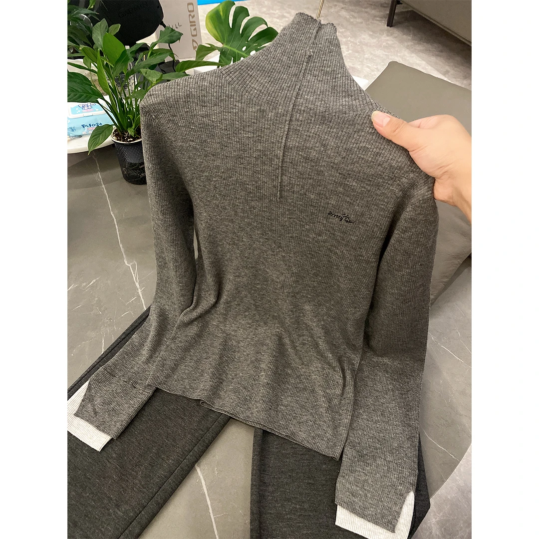 【鱼骨线打底】秋冬时尚休闲宽松立领套头长袖针织毛衣假两件-9532