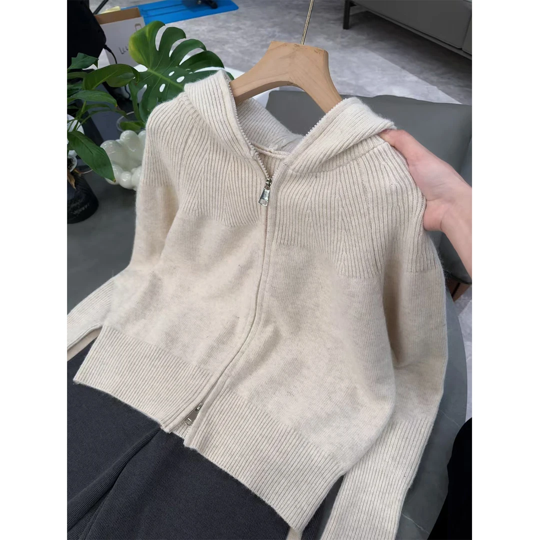 秋冬时尚休闲宽松连帽纯色长袖针织开衫女士毛衣外套-9536