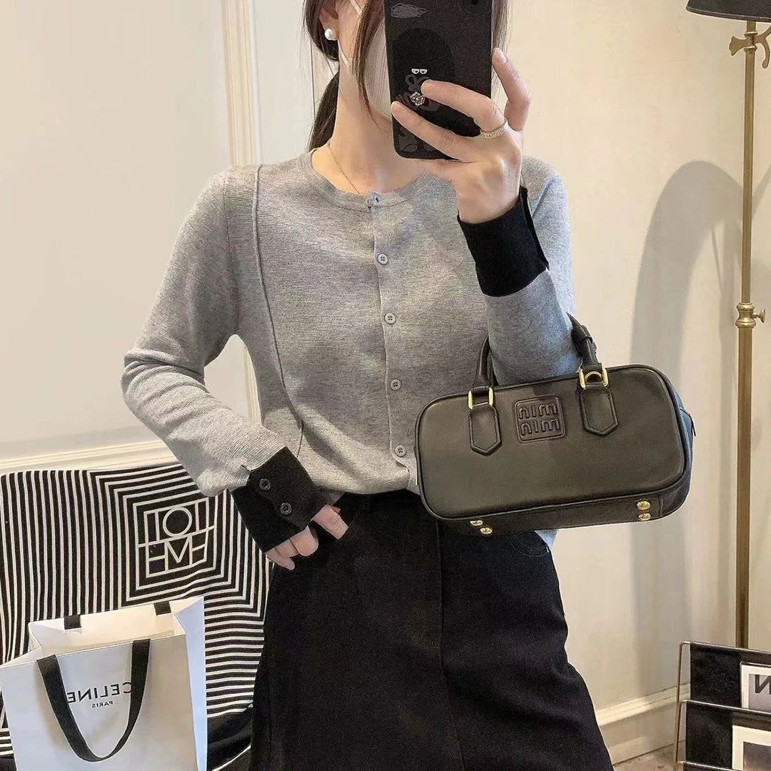 秋季时尚休闲宽松圆领拼色长袖针织开衫秋冬女士毛衣外套-628