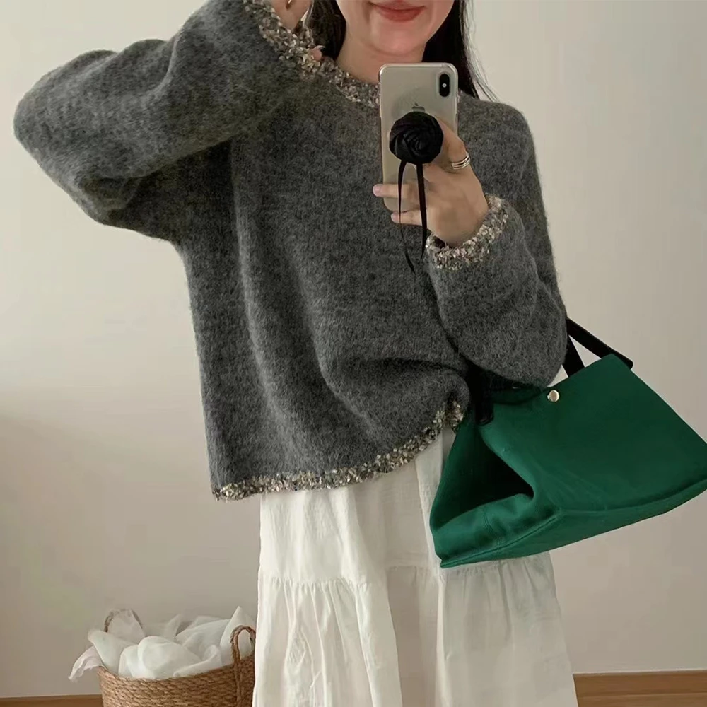 早秋时尚休闲宽松圆领套头长袖针织衫秋冬温柔毛衣慵懒风上衣-547