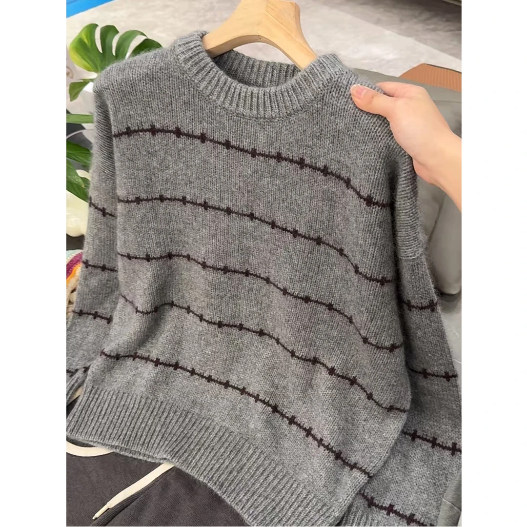 秋季时尚休闲宽松圆领套头条纹长袖针织衫秋冬女士毛衣-9509
