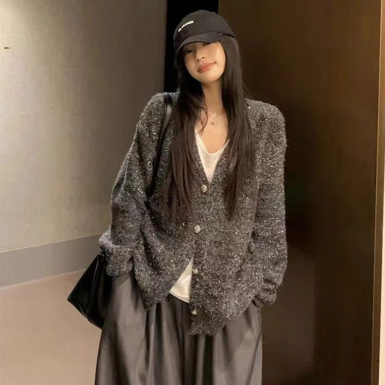 秋季时尚休闲宽松纯色亮片长袖针织开衫秋冬毛衣外套-611