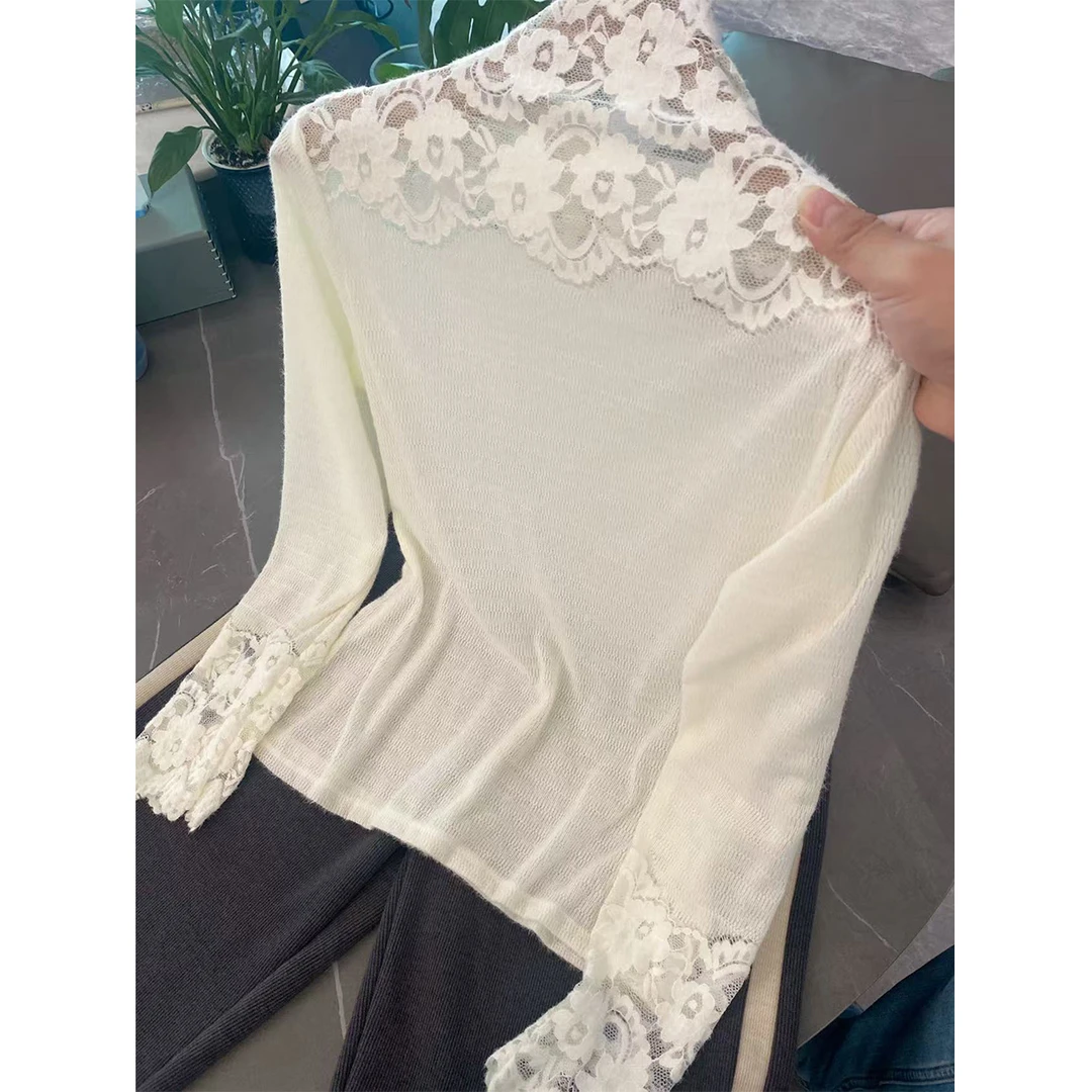 【茉莉花】秋冬时尚休闲宽松蕾丝半高领长袖针织衫女士打底毛衣-732