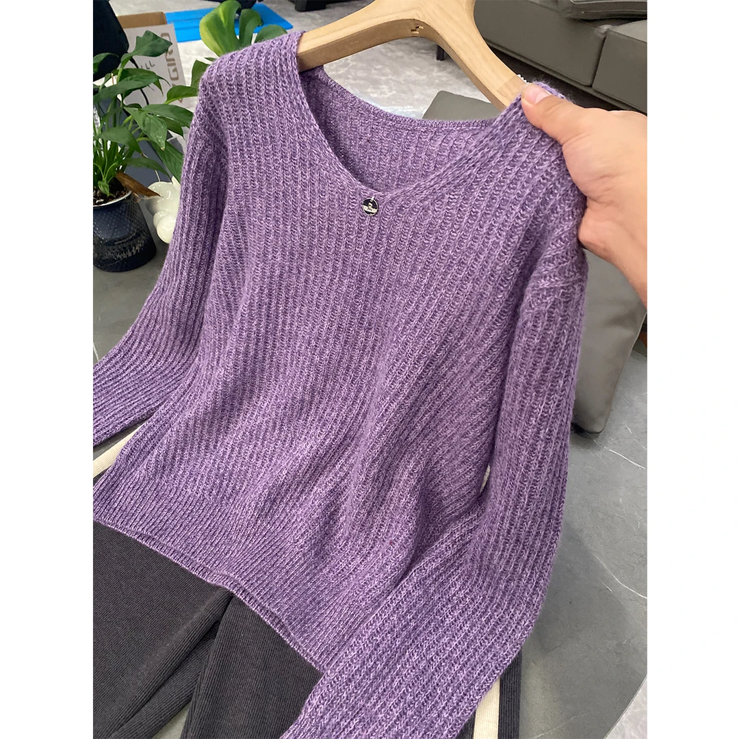 秋季时尚休闲宽松V领套头花色长袖针织衫秋冬女士毛衣-672