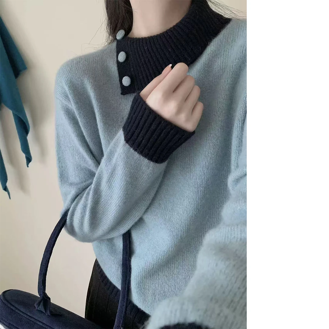 秋冬时尚休闲宽松圆领套头拼色长袖针织衫女士打底毛衣-726