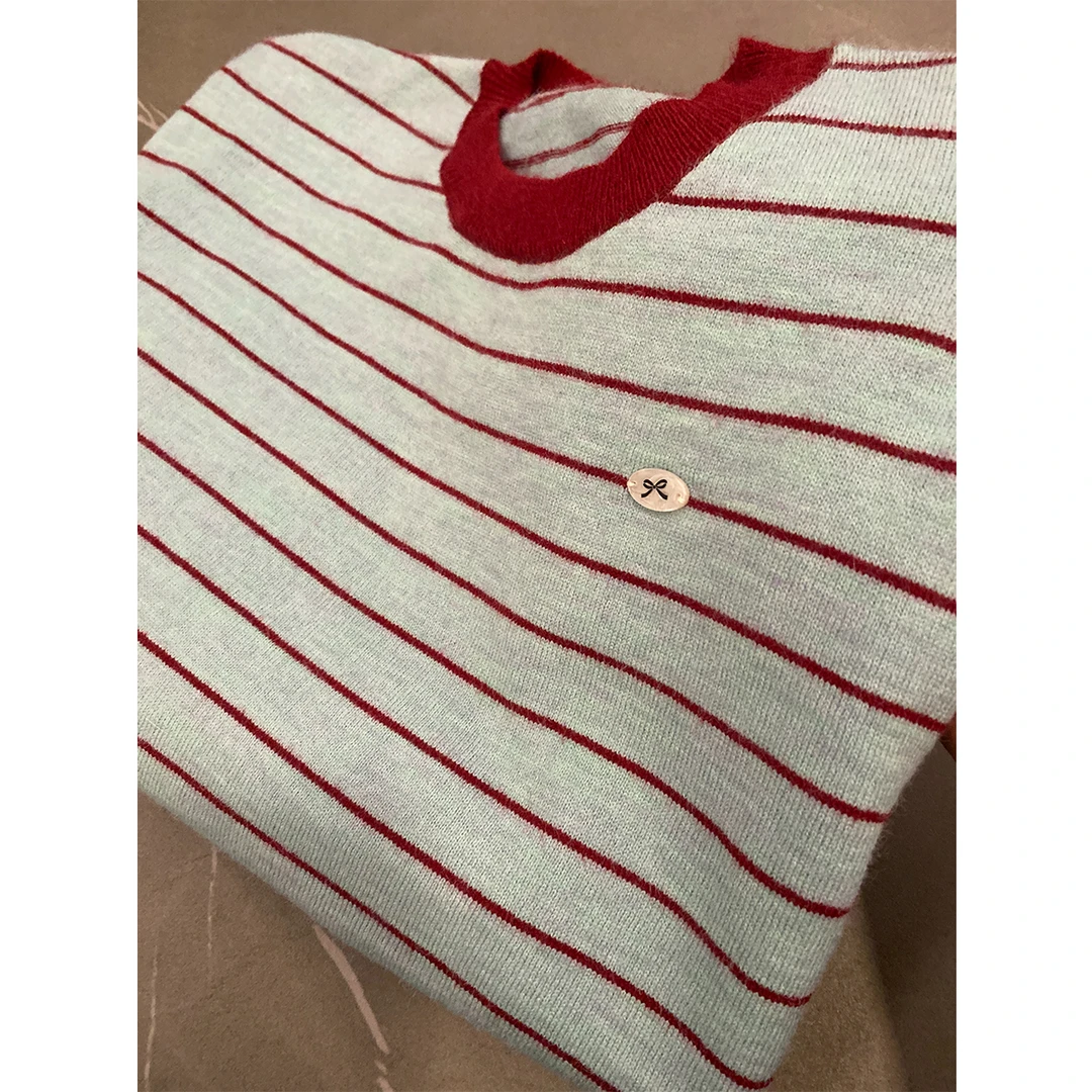 【冰岛蓝长袖】早秋时尚休闲宽松圆领条纹针织衫秋冬女士毛衣-9465