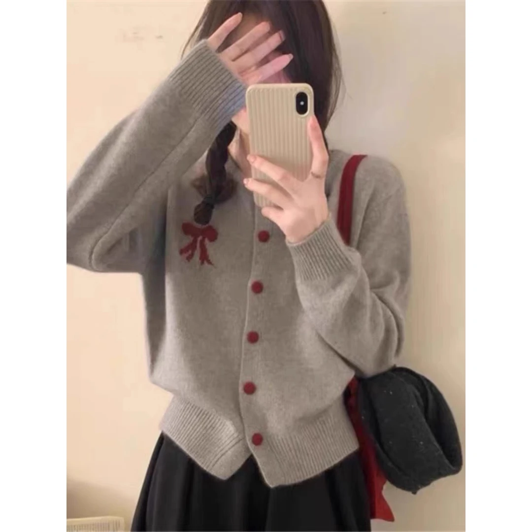 早秋时尚休闲宽松圆领纯色长袖针织开衫秋冬女士毛衣外套--9417