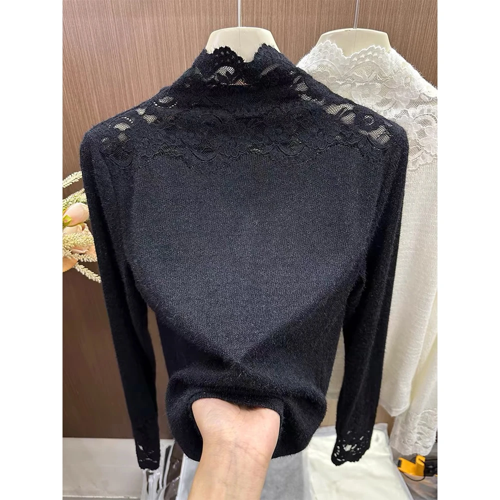 【茉莉花】秋冬时尚休闲宽松蕾丝半高领长袖针织衫女士打底毛衣-732