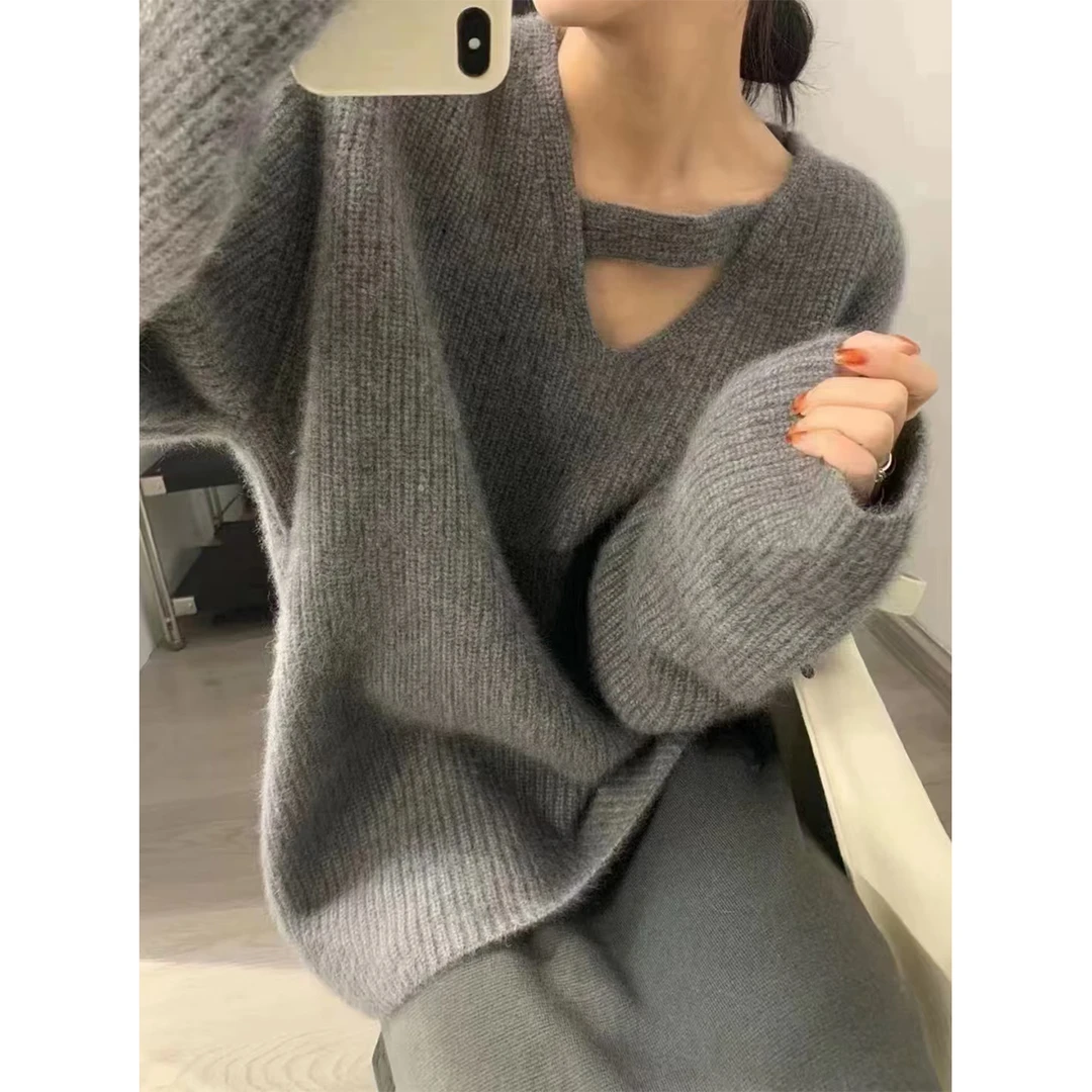 【心动crush】秋冬时尚休闲宽松V领套头长袖针织衫女打底毛衣-9538