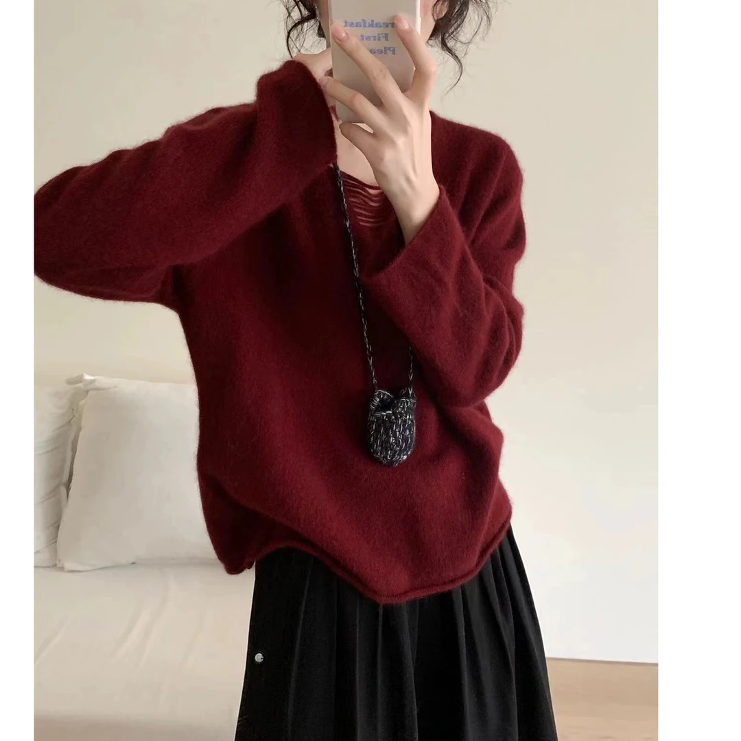 早秋时尚休闲宽松纯色V领套头长袖针织衫秋冬女士毛衣-9460