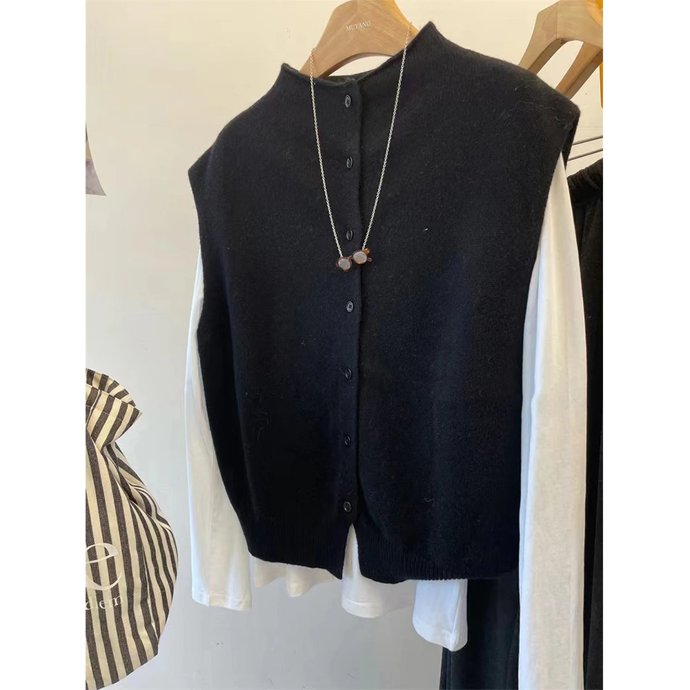 *前后两面穿 纽扣半高领背心马夹女无袖毛衣-9474