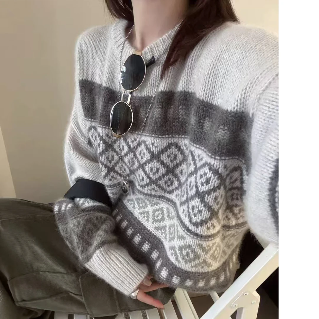 【杂志款】秋冬时尚休闲宽松圆领套头提花长袖针织衫女士毛衣9562