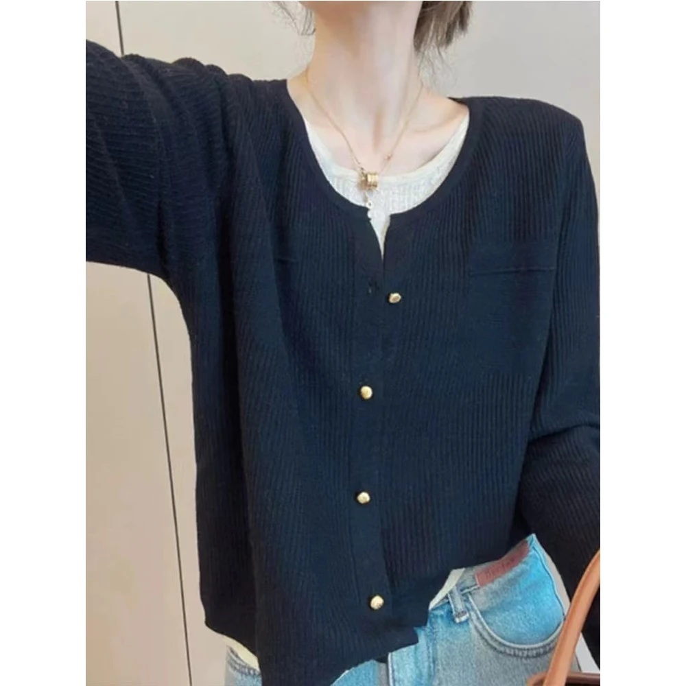 *春夏时尚休闲宽松百搭圆领纯色长袖针织衫女假两件开衫外套9943