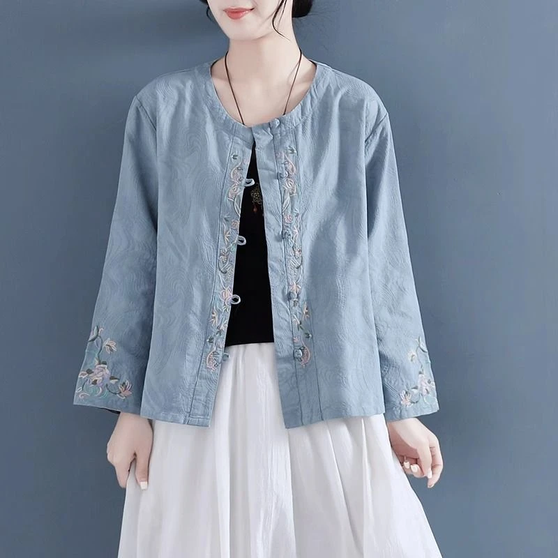 棉麻提花中国风春夏复古民族风刺绣上衣禅意茶服盘扣文艺开衫
