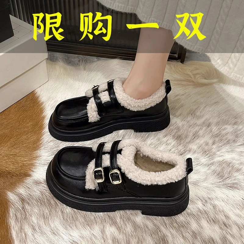 迖芺妮牌棕色小皮鞋女2023年新款秋冬季加绒英伦风雪地靴棉鞋子