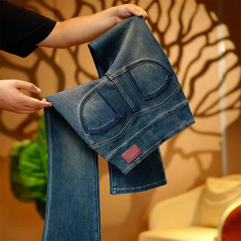 蜜桃臀撞色微喇牛仔裤性感女裤修身藏腿型高腰复古四面弹喇叭裤