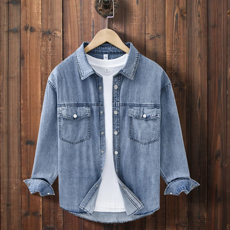 美式磨白牛仔衬衫男秋季金属按扣宽松长袖衬衣工装外套潮C