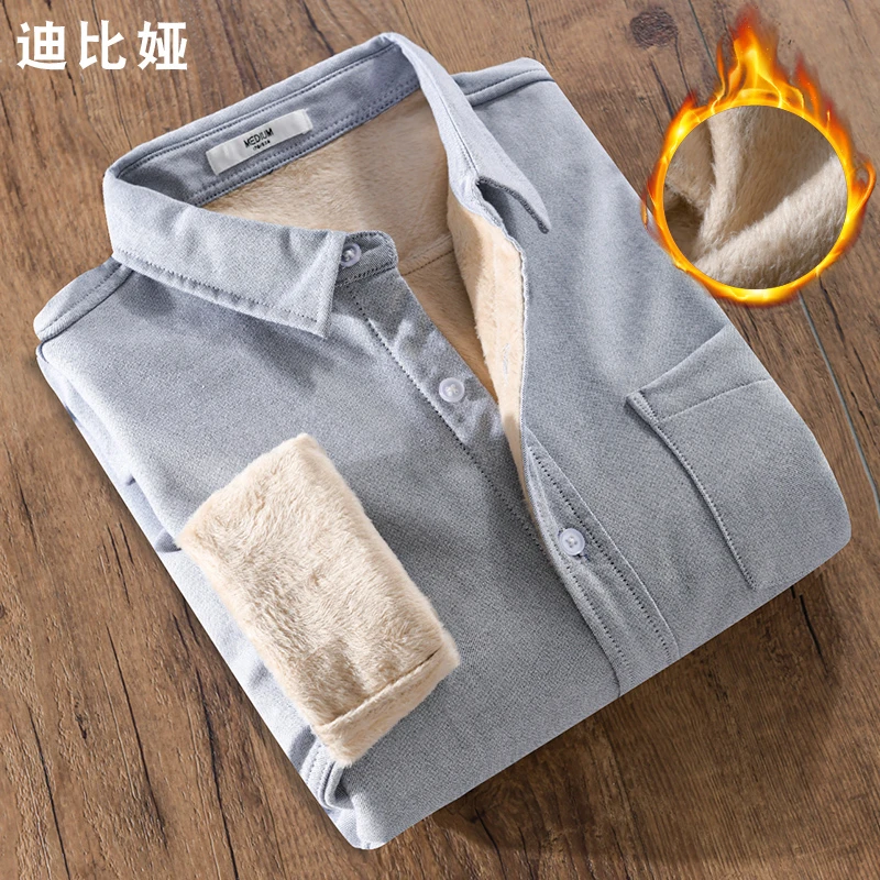 迪比娅冬款翻领纯色牛津纺加绒加厚保暖衬衫男青年休闲韩版衬衣Y