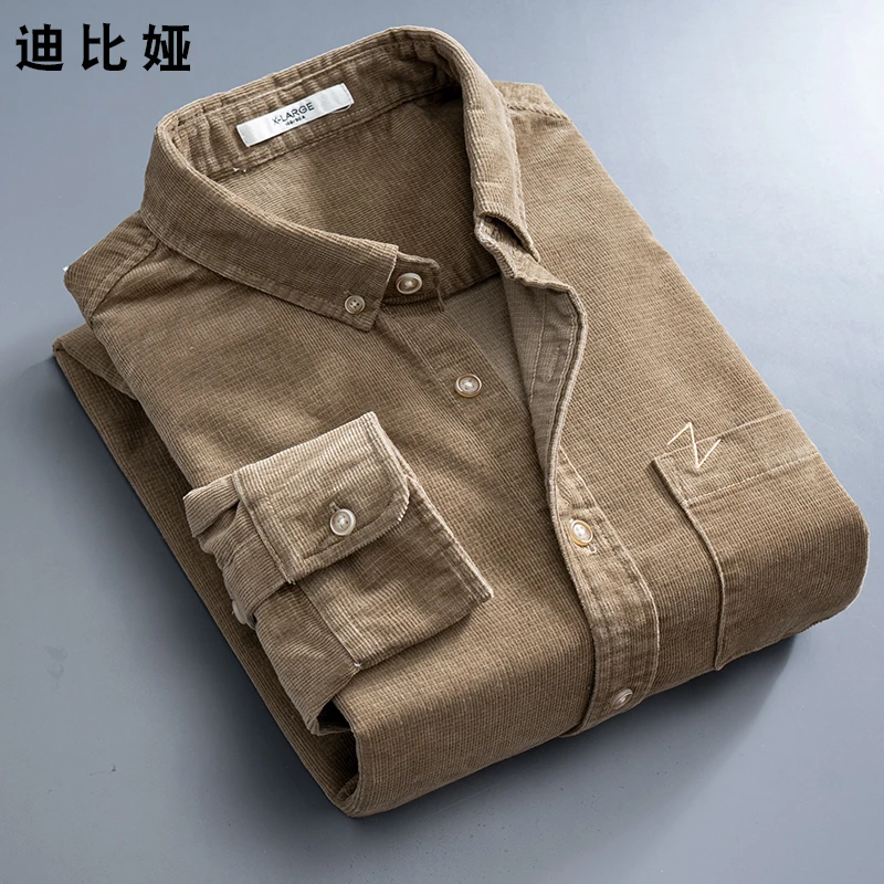 迪比娅秋季厚实条绒男衬衣纯色日系重磅灯芯绒长袖衬衫男士外套Y