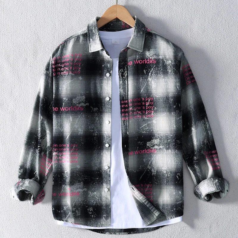 迪比娅纯棉经典格子字母印花衬衫男秋冬亲肤透气宽松痞帅衬衣M