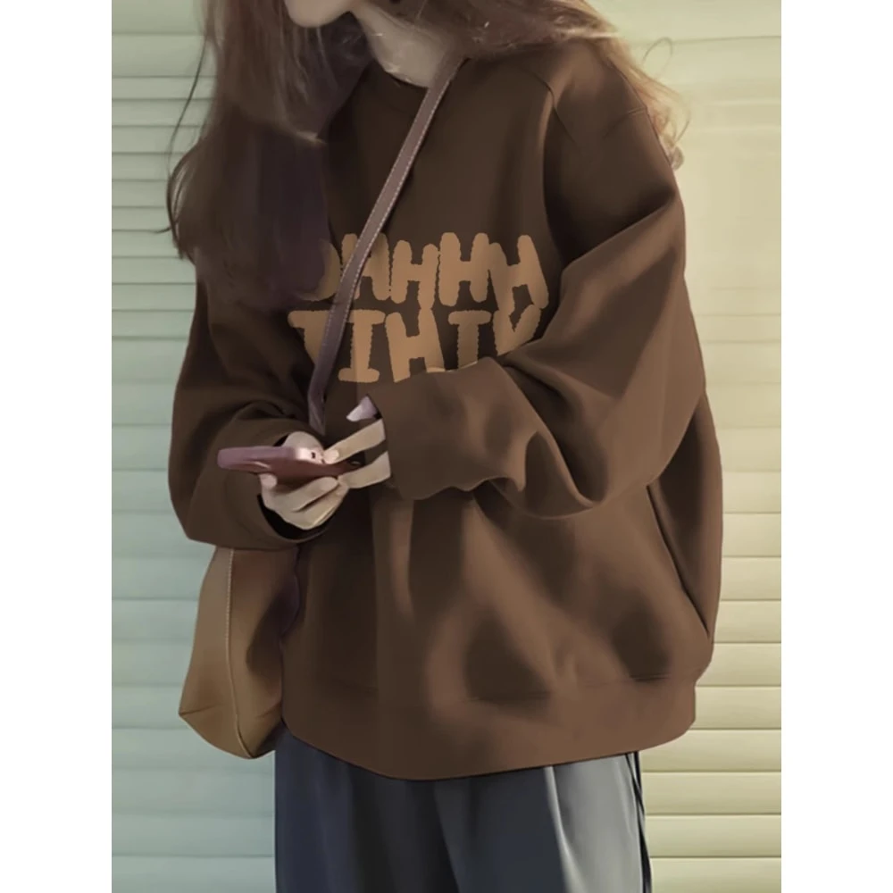 棕色长袖圆领卫衣女春秋休闲美式宽松无帽套头松弛感穿搭上衣