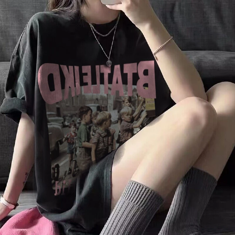 美式复古短袖t恤女2025年新款黑色宽松水洗做旧中长款纯棉上衣潮